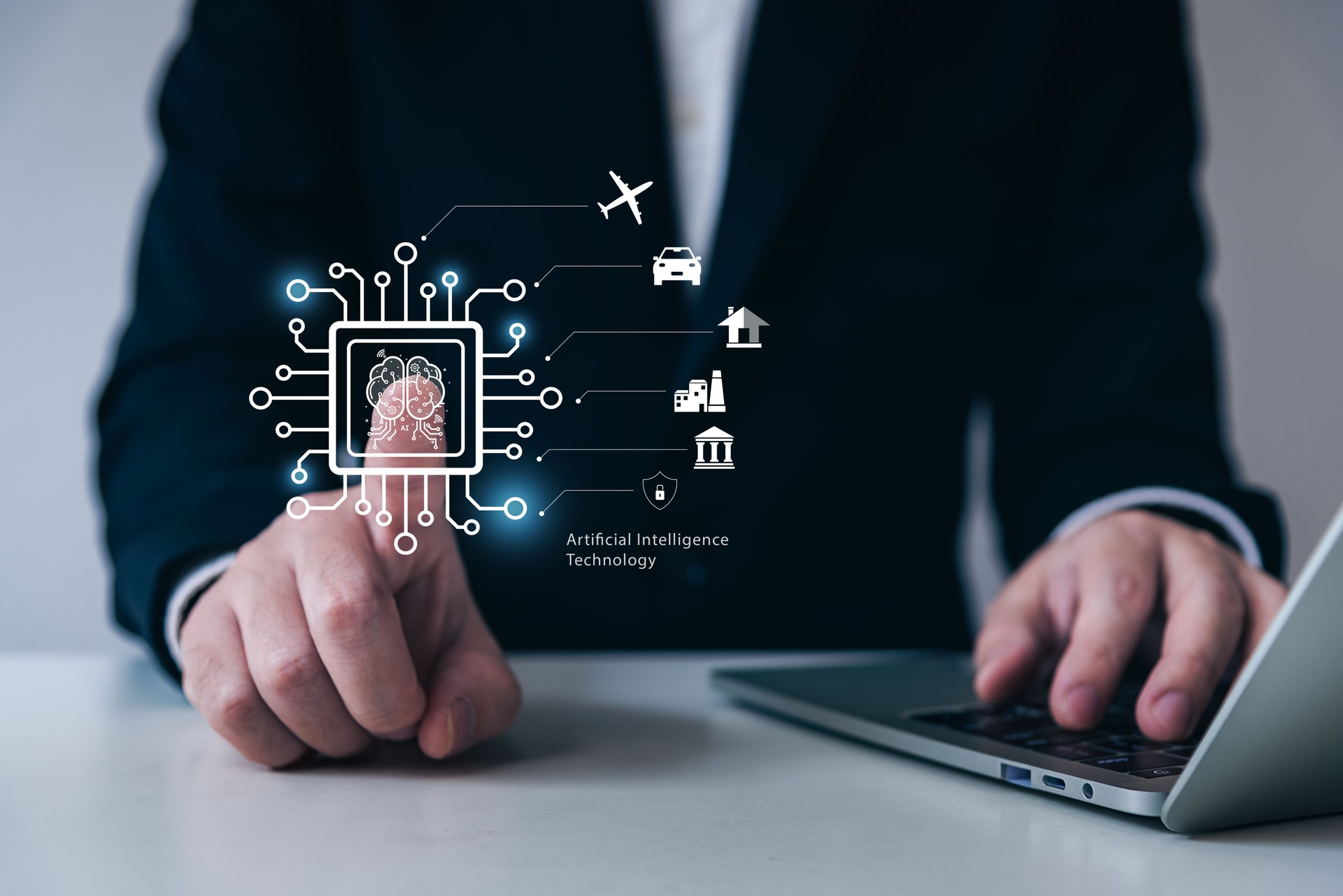 AI tech or artificial intelligence concept, businessman using smart device connecting to application network, banking, smart home, transportation, digital transformation, cyber security.