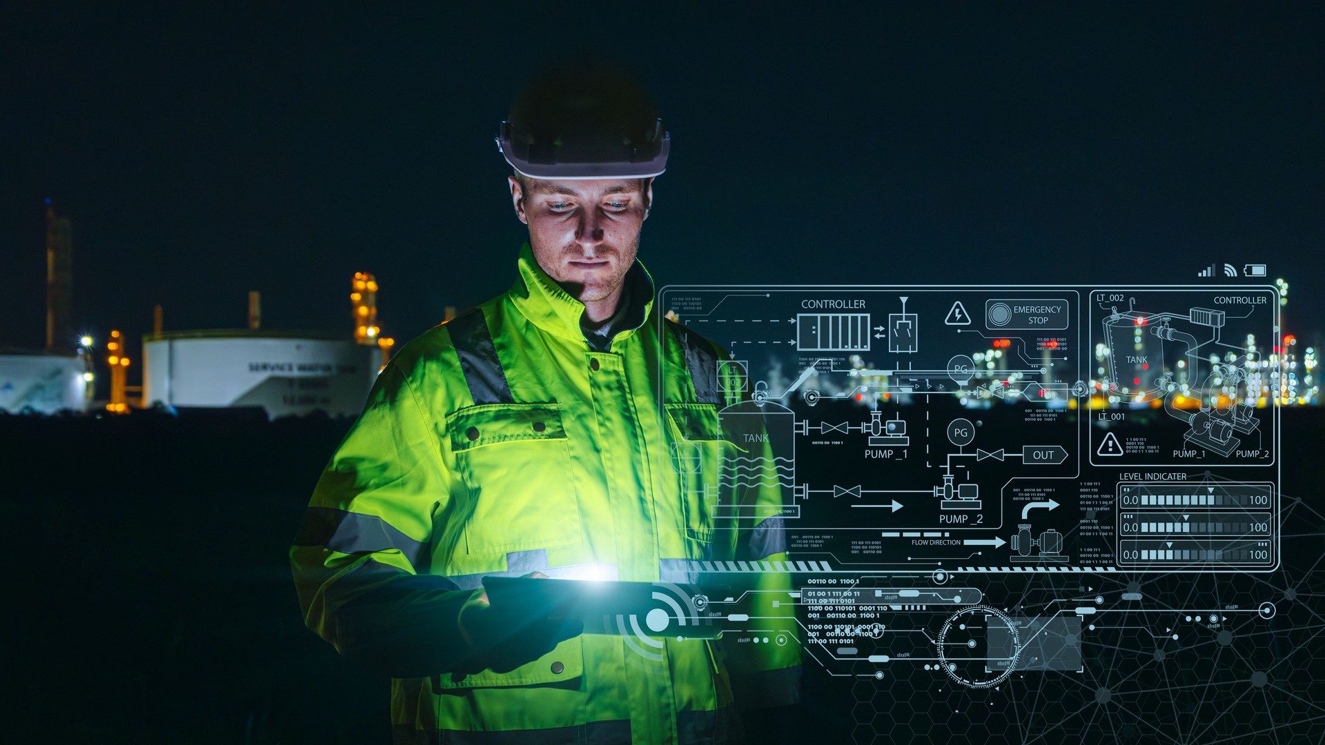 Modern technology oil and gas refinery engineer worker using advance digital device monitor service in petroleum industry pipe plant.